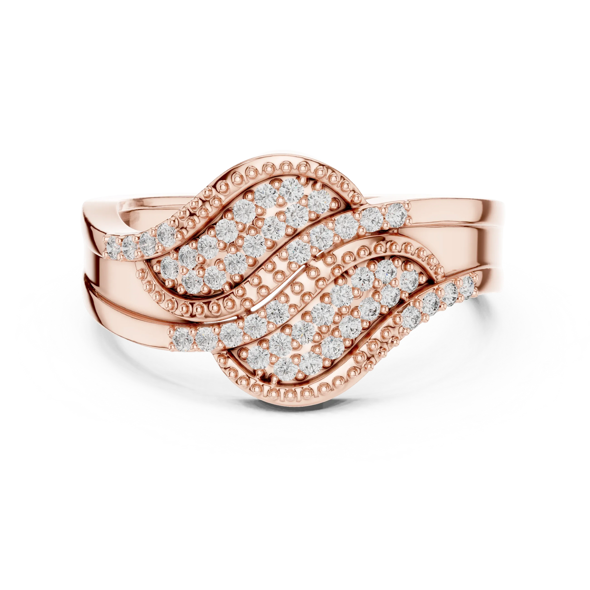 Wide Milgrain Wave Crossover Pavé Moissanite Ring in rose 925 sterling silver, view 4