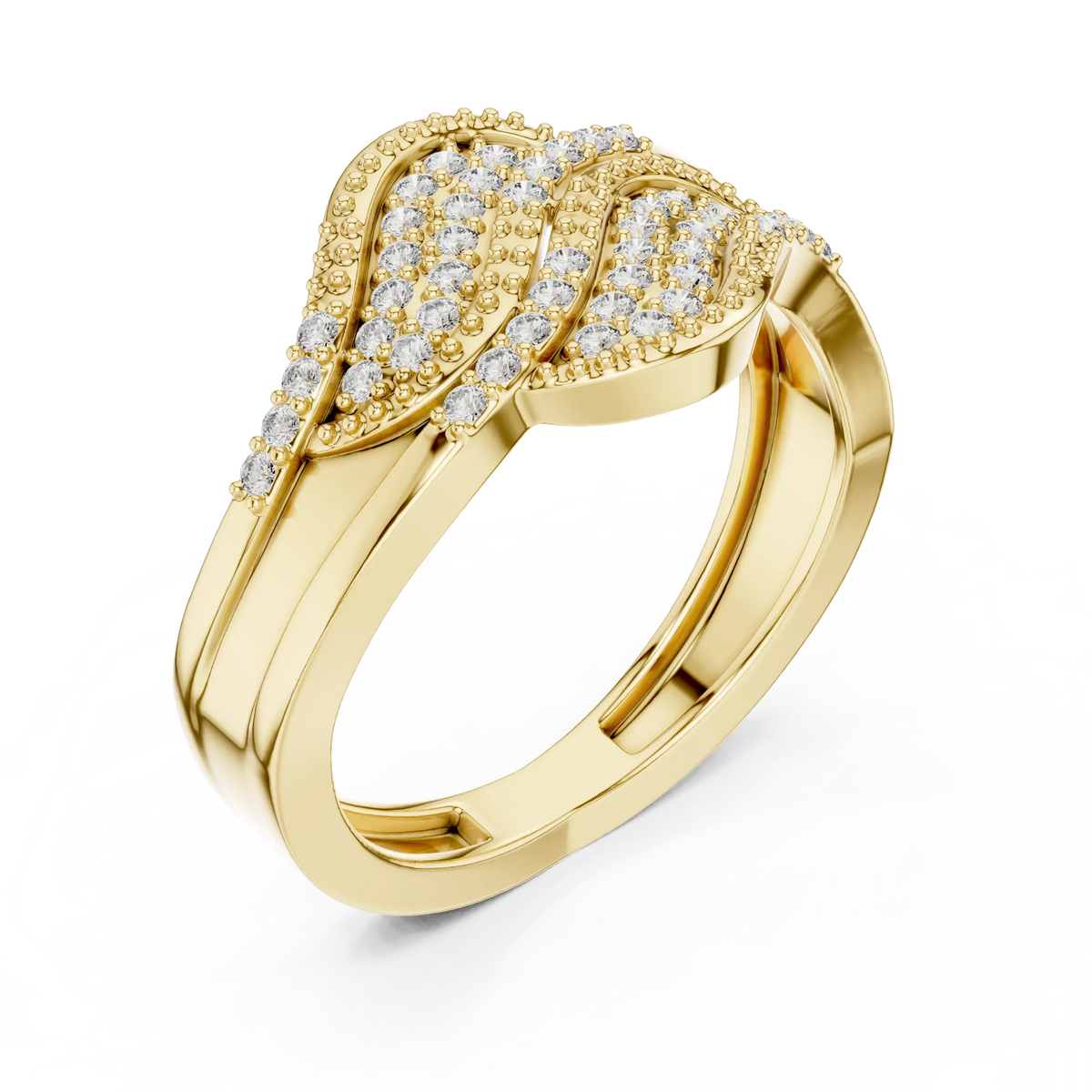 Wide Milgrain Wave Crossover Pavé Moissanite Ring in yellow 925 sterling silver, view 2