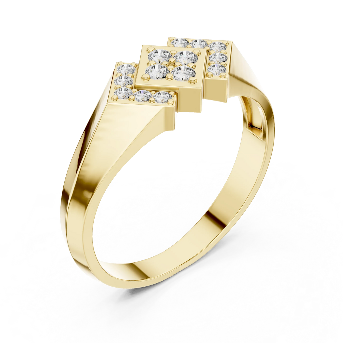 Triple Rhombus Signet Pavé Cluster Moissanite Ring in yellow 925 sterling silver, view 2