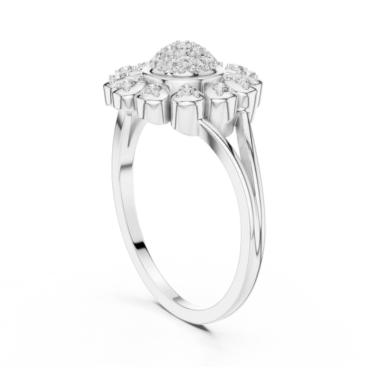 Sunflower Pavé Disc Pear Petal Split Shank Moissanite Ring in white 925 sterling silver, view 1