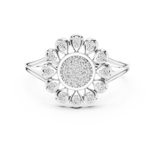 Sunflower Pavé Disc Pear Petal Split Shank Moissanite Ring in white 925 sterling silver, view 4