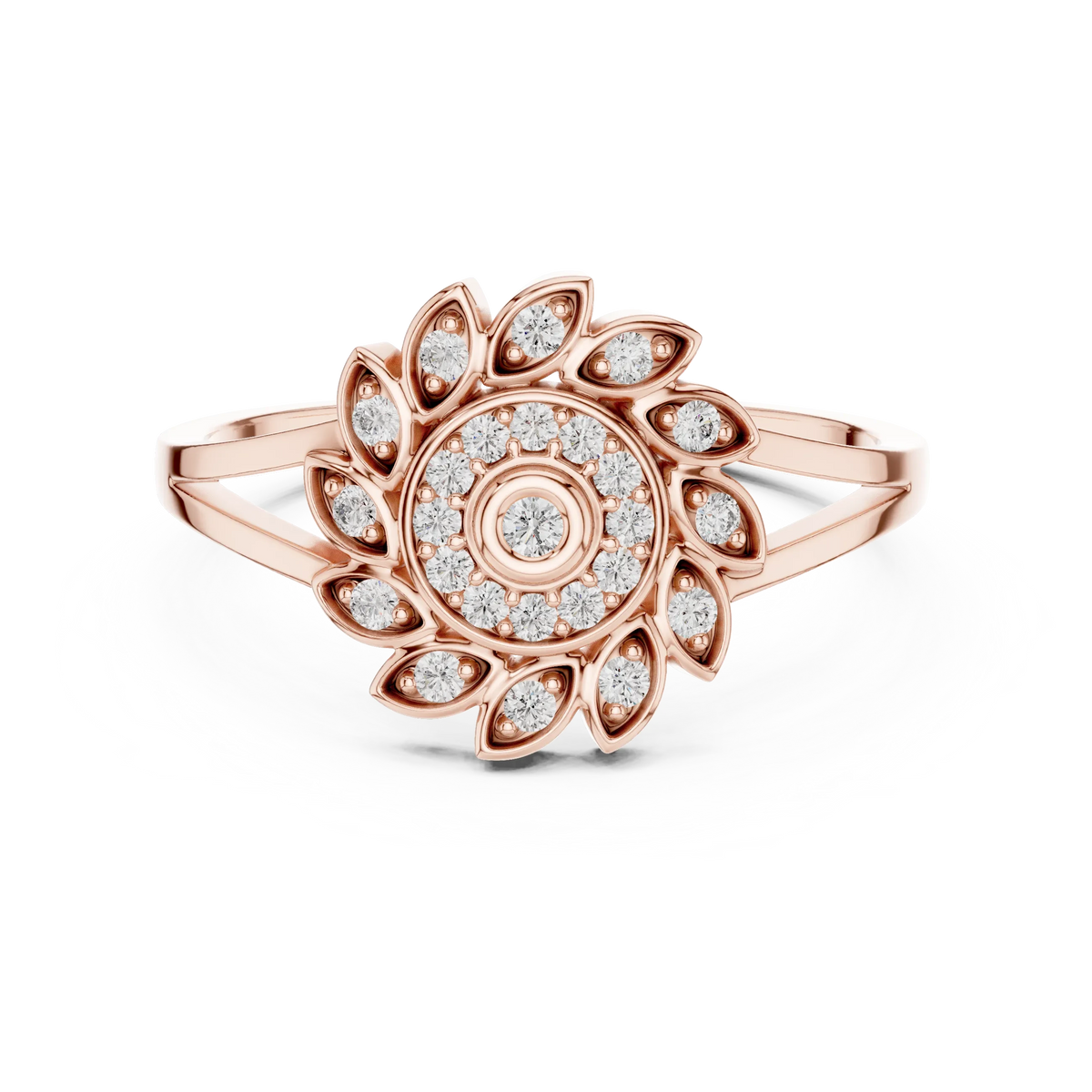 Pinwheel Leaf Bezel Halo Flower Moissanite Ring in rose 925 sterling silver, view 4