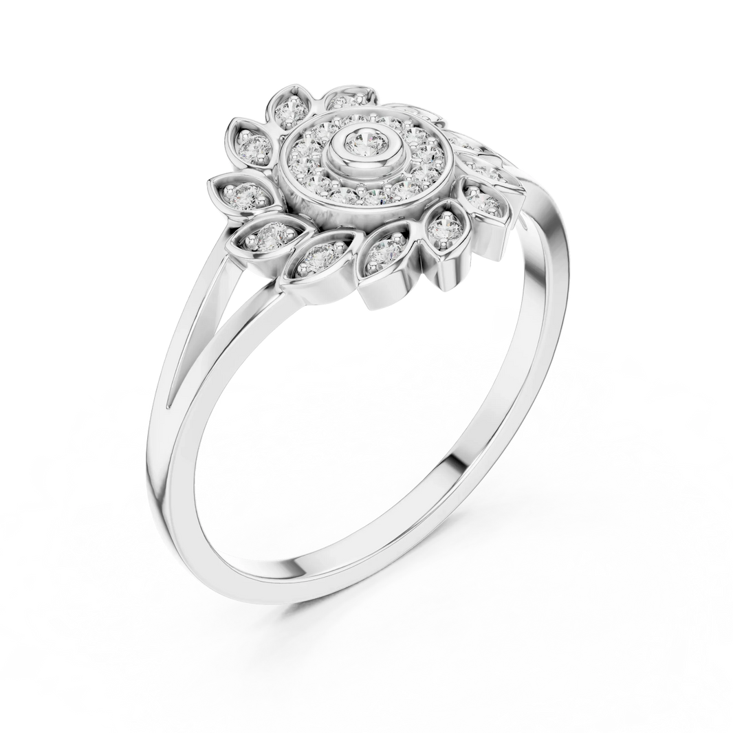 Pinwheel Leaf Bezel Halo Flower Moissanite Ring in white 925 sterling silver, view 2