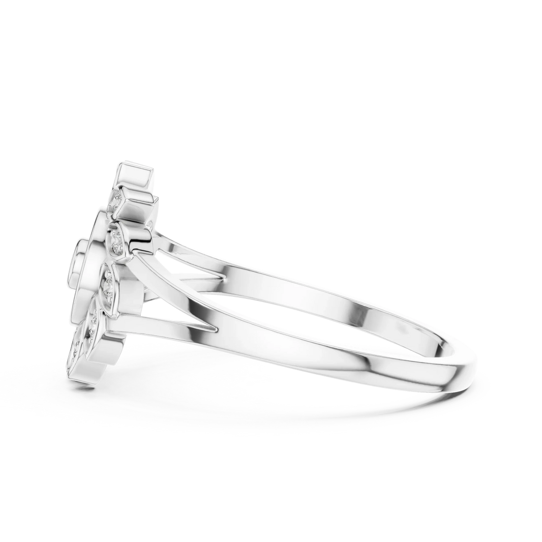 Pinwheel Leaf Bezel Halo Flower Moissanite Ring in white 925 sterling silver, view 3