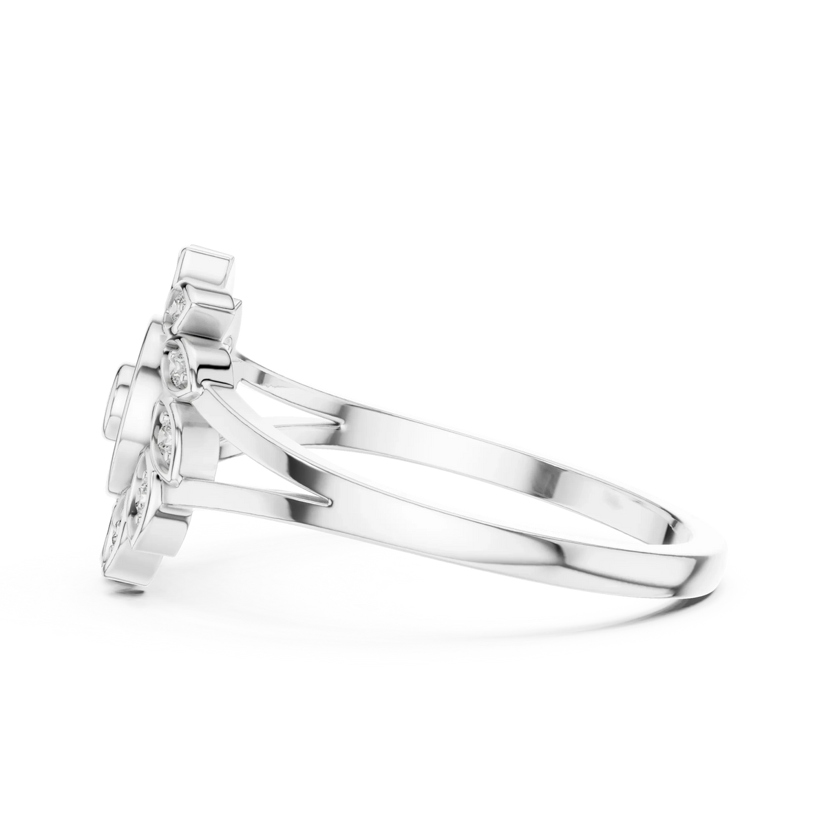 Pinwheel Leaf Bezel Halo Flower Moissanite Ring in white 925 sterling silver, view 3