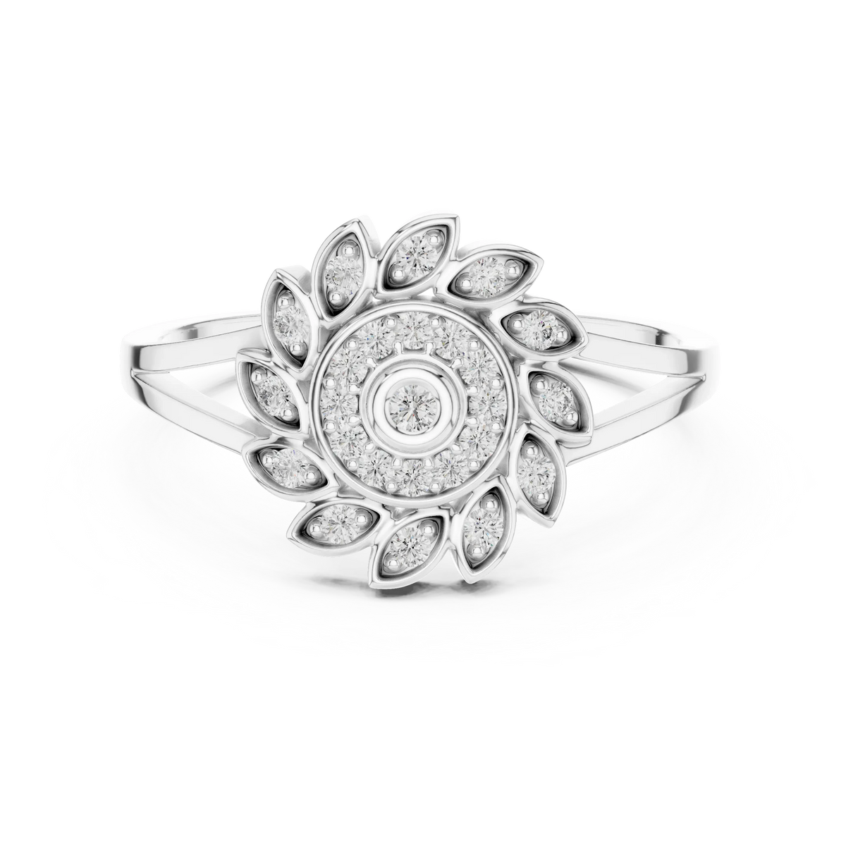 Pinwheel Leaf Bezel Halo Flower Moissanite Ring in white 925 sterling silver, view 4
