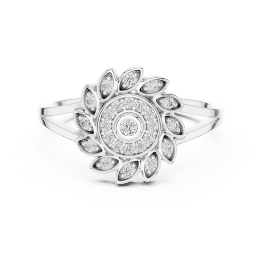 Pinwheel Leaf Bezel Halo Flower Moissanite Ring in white 925 sterling silver, view 4