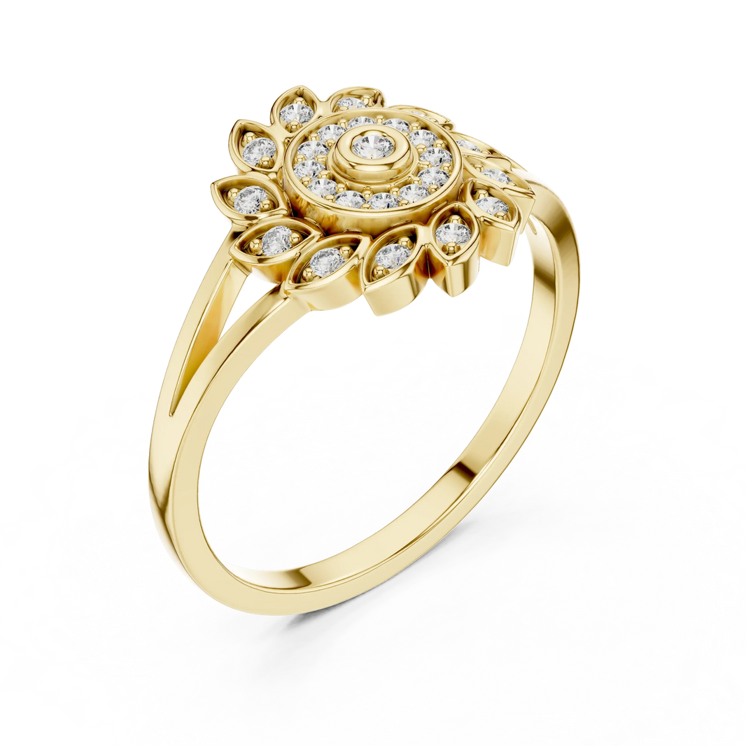 Pinwheel Leaf Bezel Halo Flower Moissanite Ring in yellow 925 sterling silver, view 2