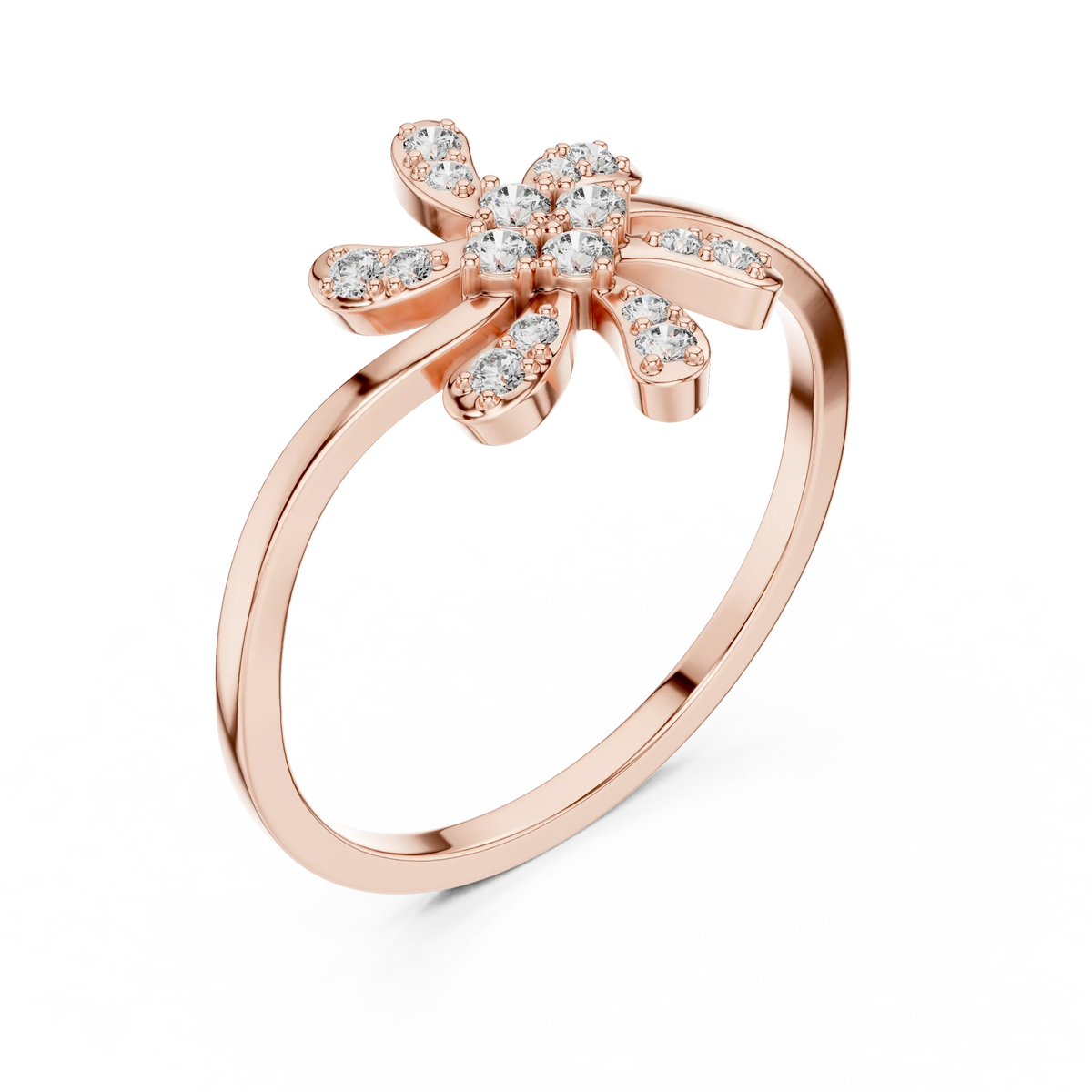 Six Petal Pinwheel Flower Wavy Bypass Moissanite Ring in rose 925 sterling silver, view 2