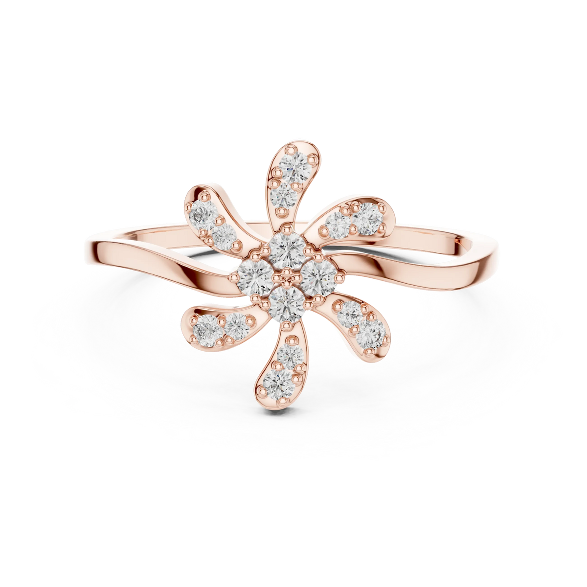 Six Petal Pinwheel Flower Wavy Bypass Moissanite Ring in rose 925 sterling silver, view 4