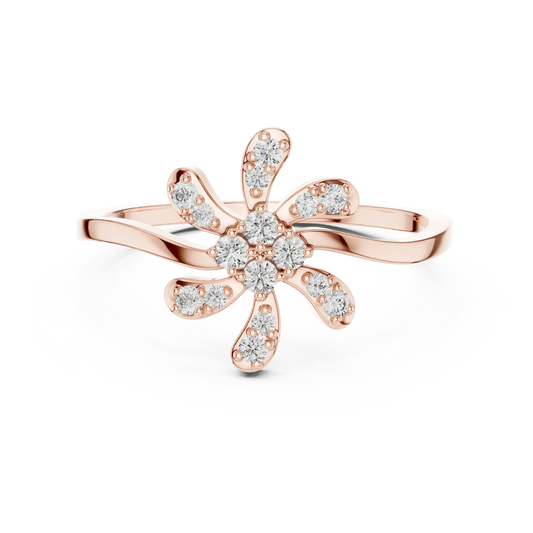 Six Petal Pinwheel Flower Wavy Bypass Moissanite Ring in rose 925 sterling silver, view 4