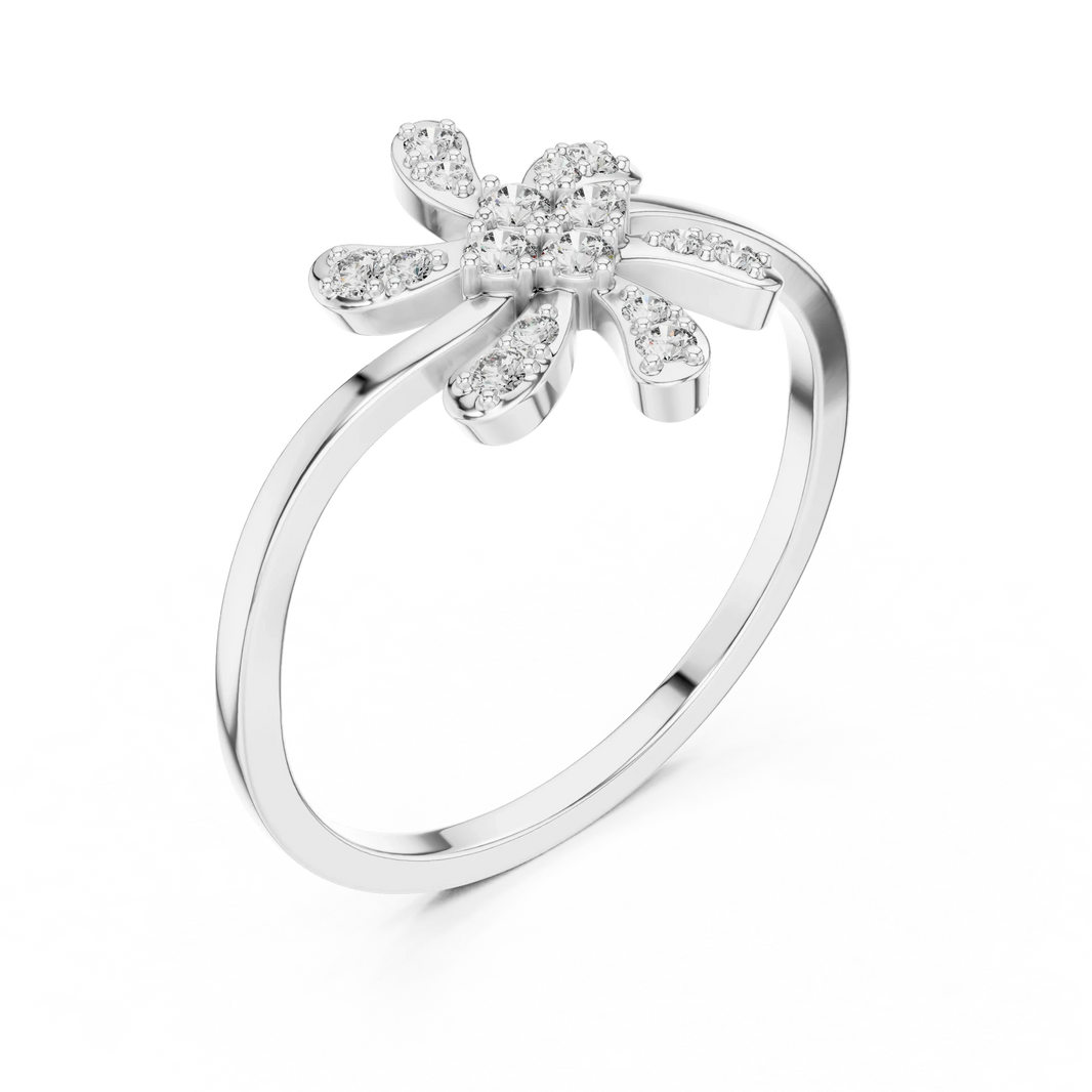 Six Petal Pinwheel Flower Wavy Bypass Moissanite Ring in white 925 sterling silver, view 2