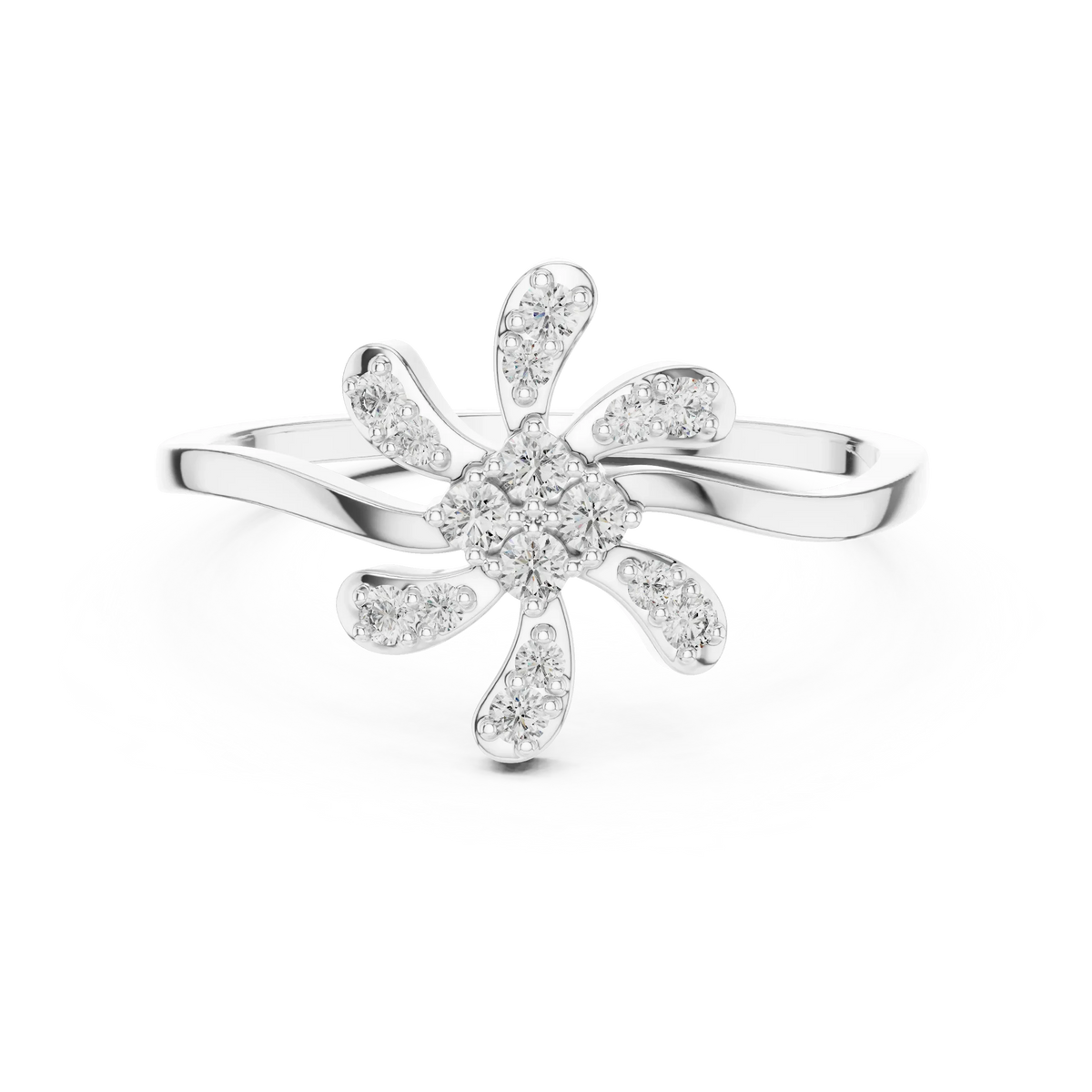 Six Petal Pinwheel Flower Wavy Bypass Moissanite Ring in white 925 sterling silver, view 4