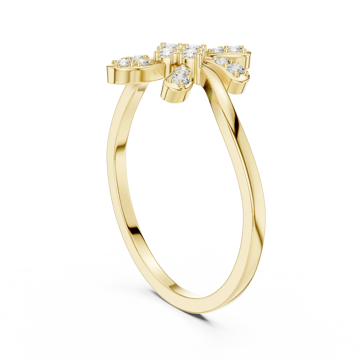 Six Petal Pinwheel Flower Wavy Bypass Moissanite Ring in yellow 925 sterling silver, view 1