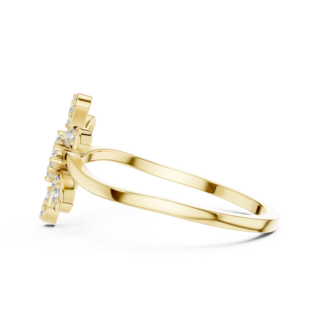 Six Petal Pinwheel Flower Wavy Bypass Moissanite Ring in yellow 925 sterling silver, view 3