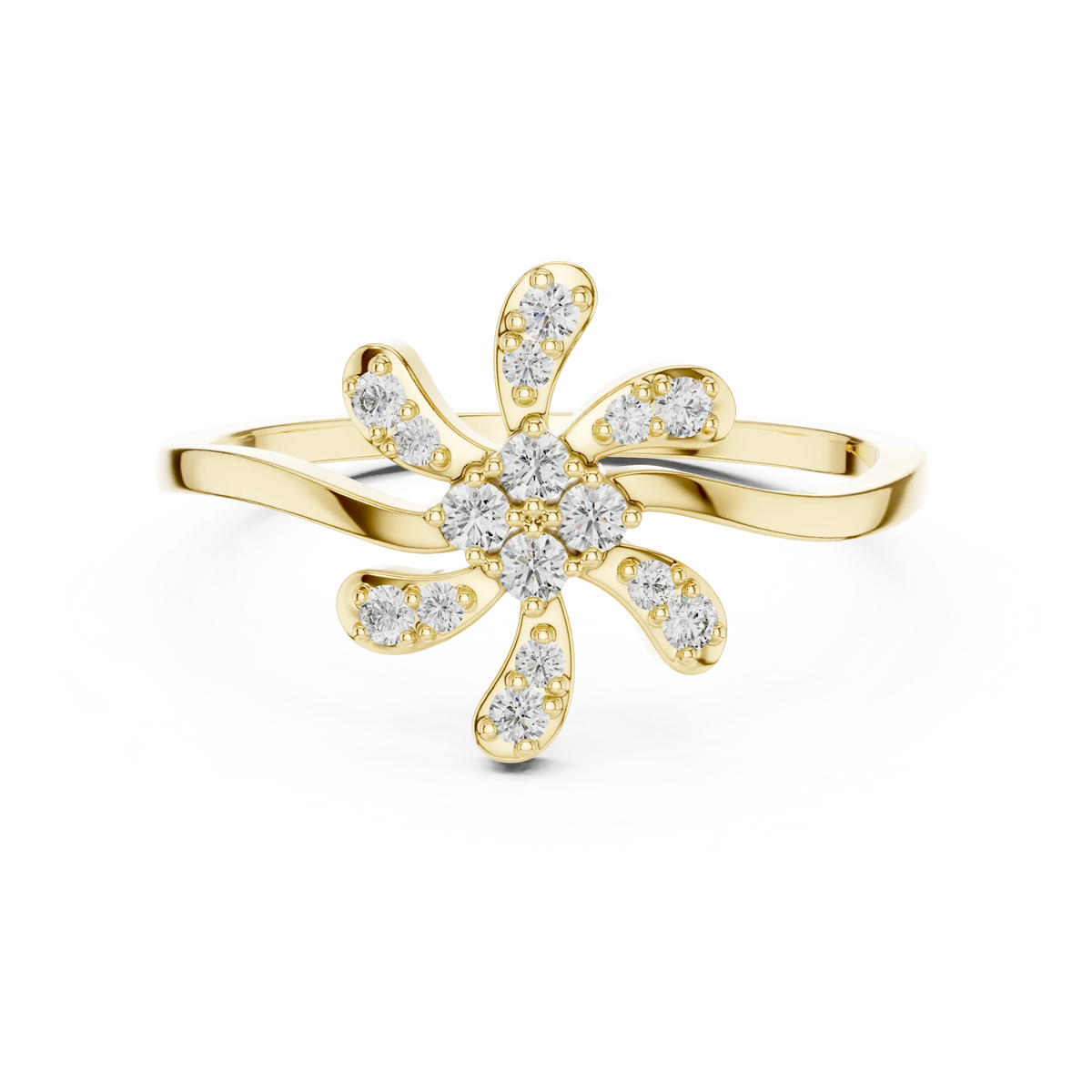 Six Petal Pinwheel Flower Wavy Bypass Moissanite Ring in yellow 925 sterling silver, view 4