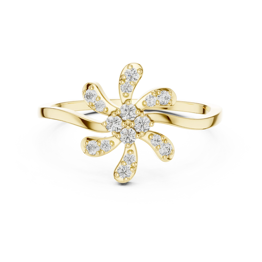 Six Petal Pinwheel Flower Wavy Bypass Moissanite Ring in yellow 925 sterling silver, view 4