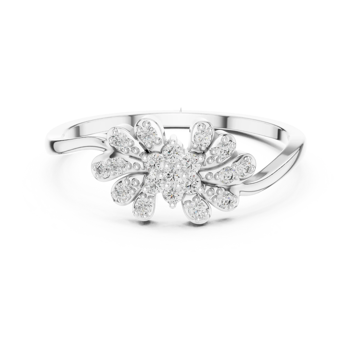 East West Floral Spray Leaf Cluster Moissanite Ring in white 925 sterling silver, view 4
