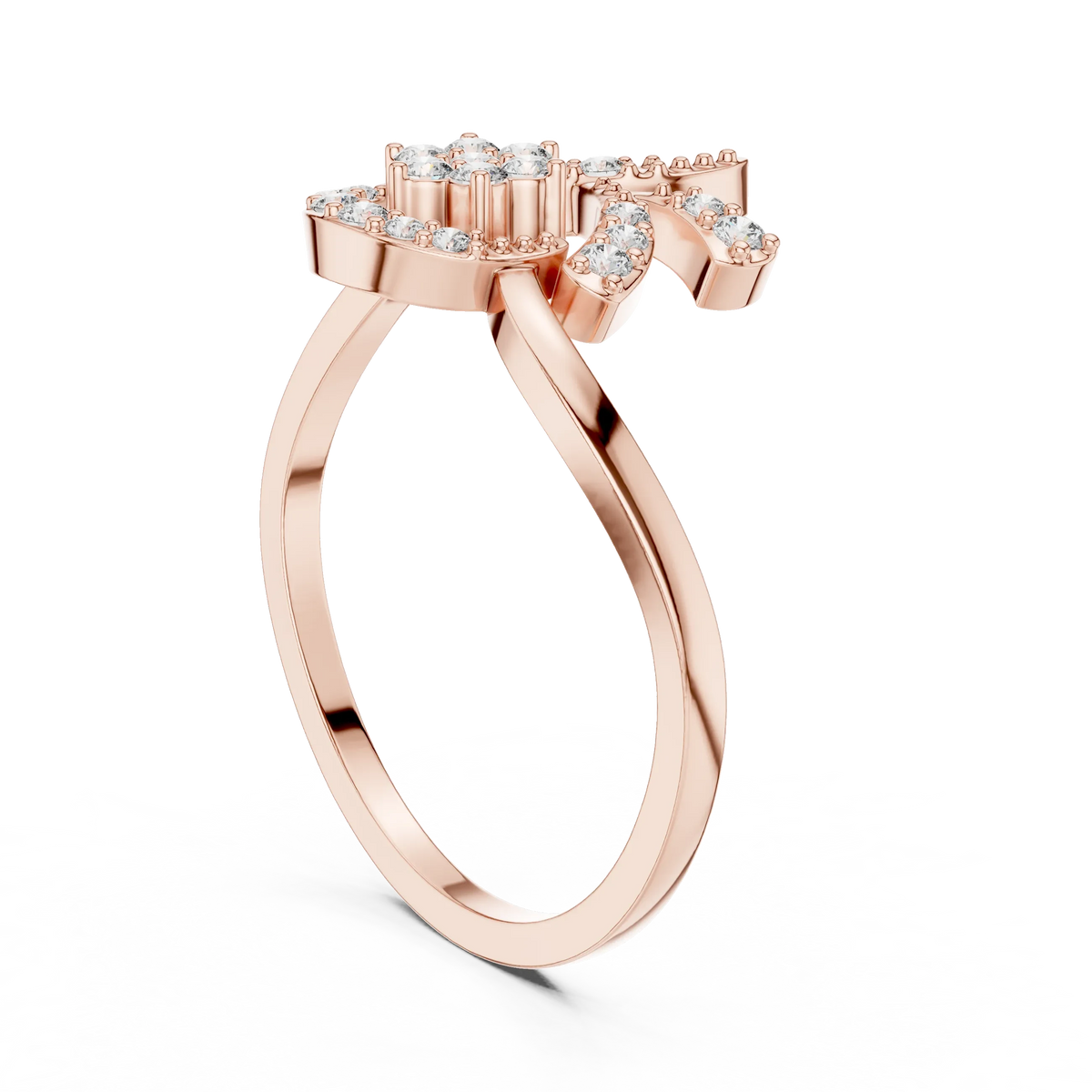 Swirl Circle Flower Cluster Tendril Moissanite Ring in rose 925 sterling silver, view 1