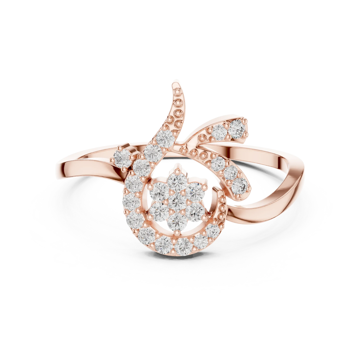 Swirl Circle Flower Cluster Tendril Moissanite Ring in rose 925 sterling silver, view 4