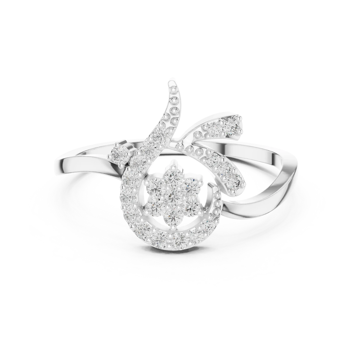 Swirl Circle Flower Cluster Tendril Moissanite Ring in white 925 sterling silver, view 4