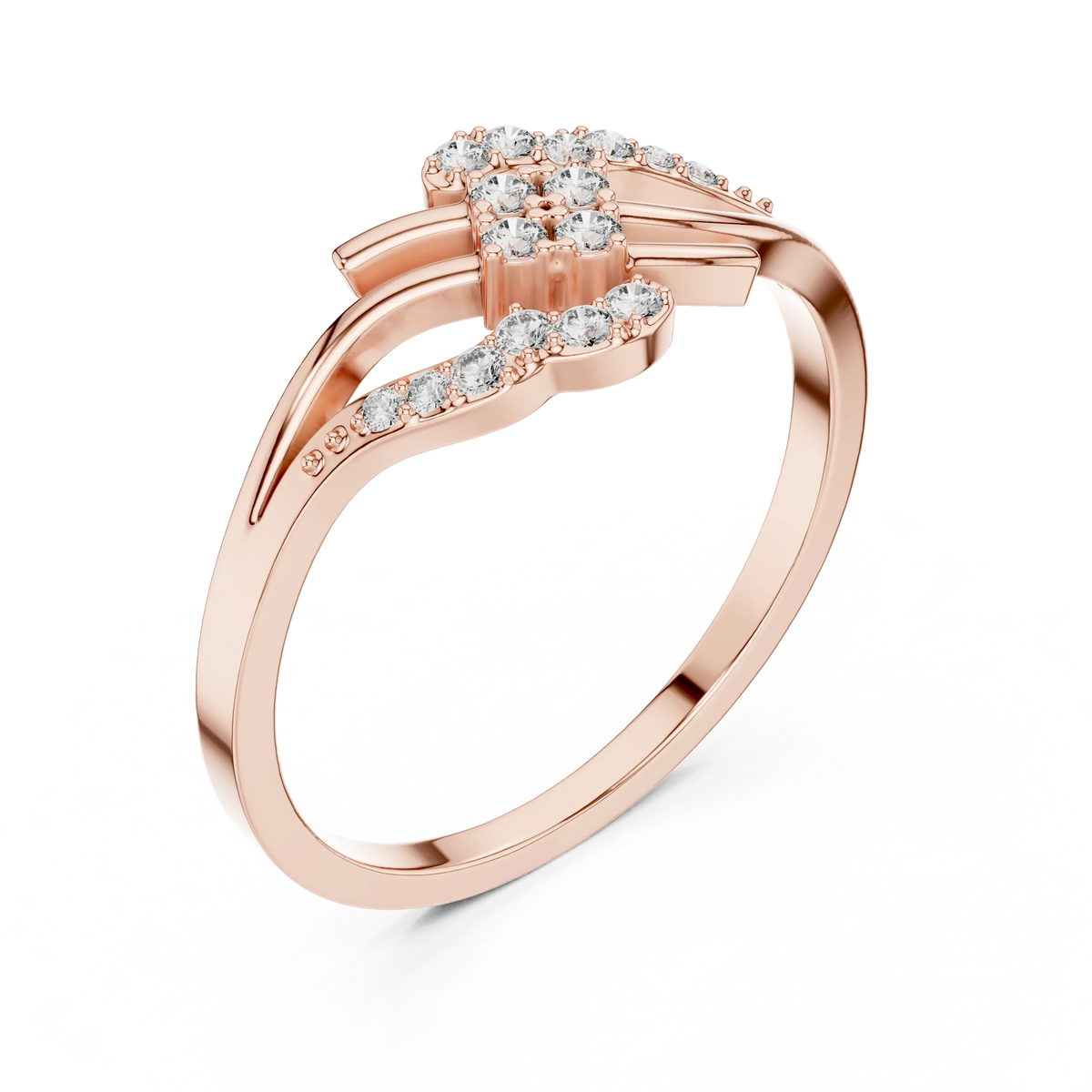 Square Cluster Pavé Wave Bypass Moissanite Ring in rose 925 sterling silver, view 2