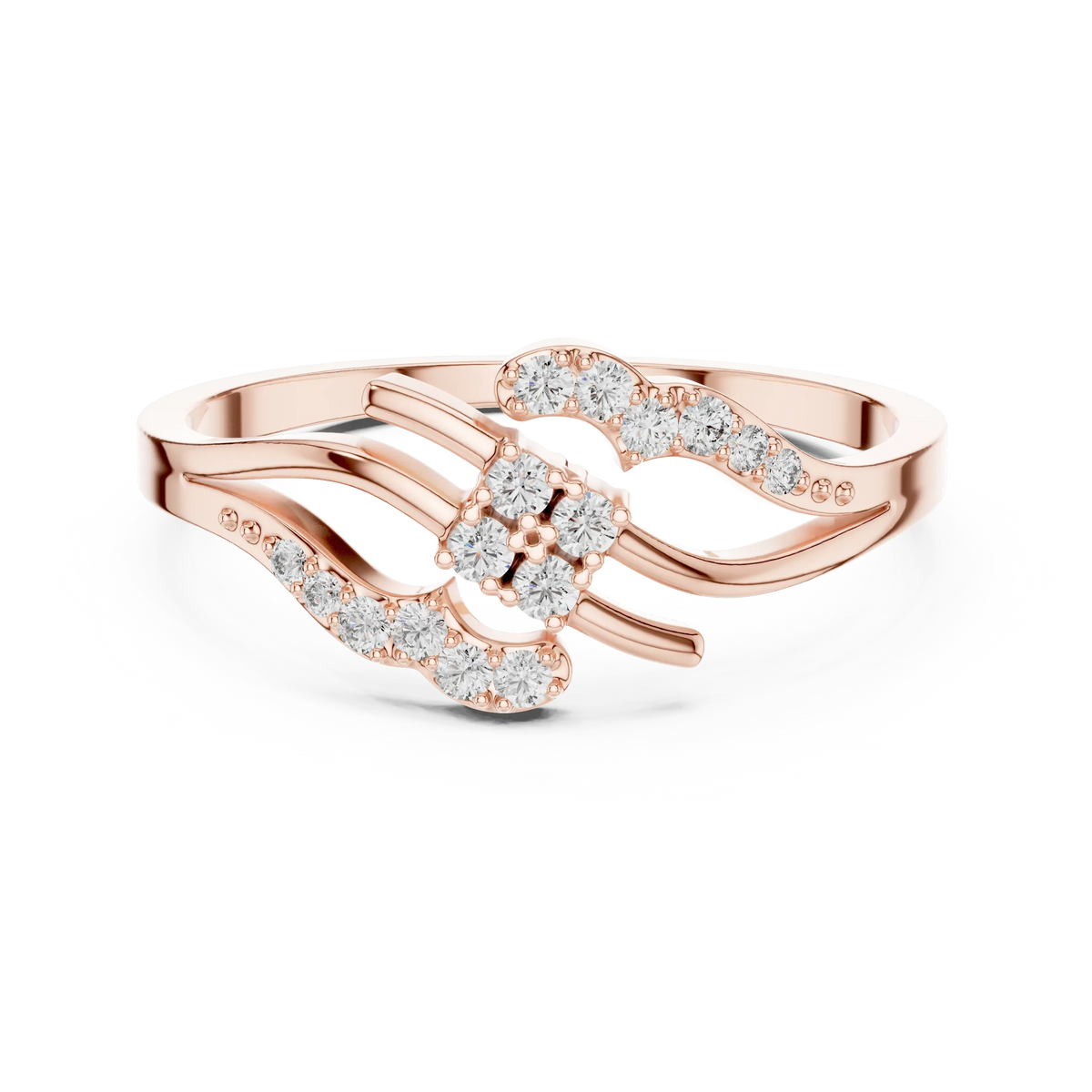 Square Cluster Pavé Wave Bypass Moissanite Ring in rose 925 sterling silver, view 4