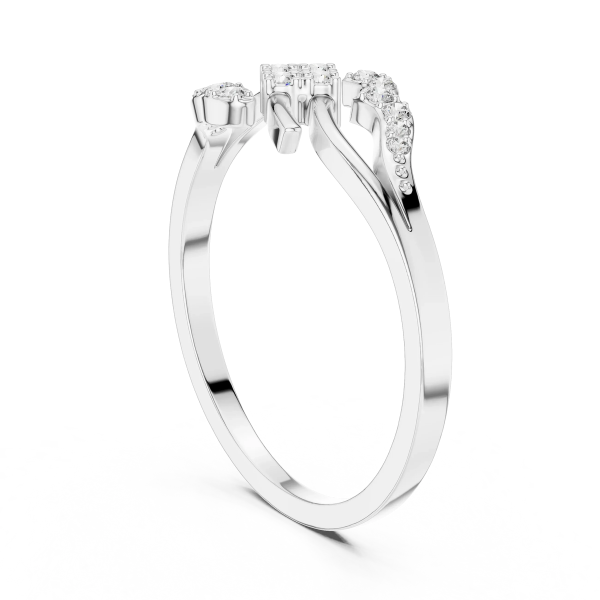 Square Cluster Pavé Wave Bypass Moissanite Ring in white 925 sterling silver, view 1