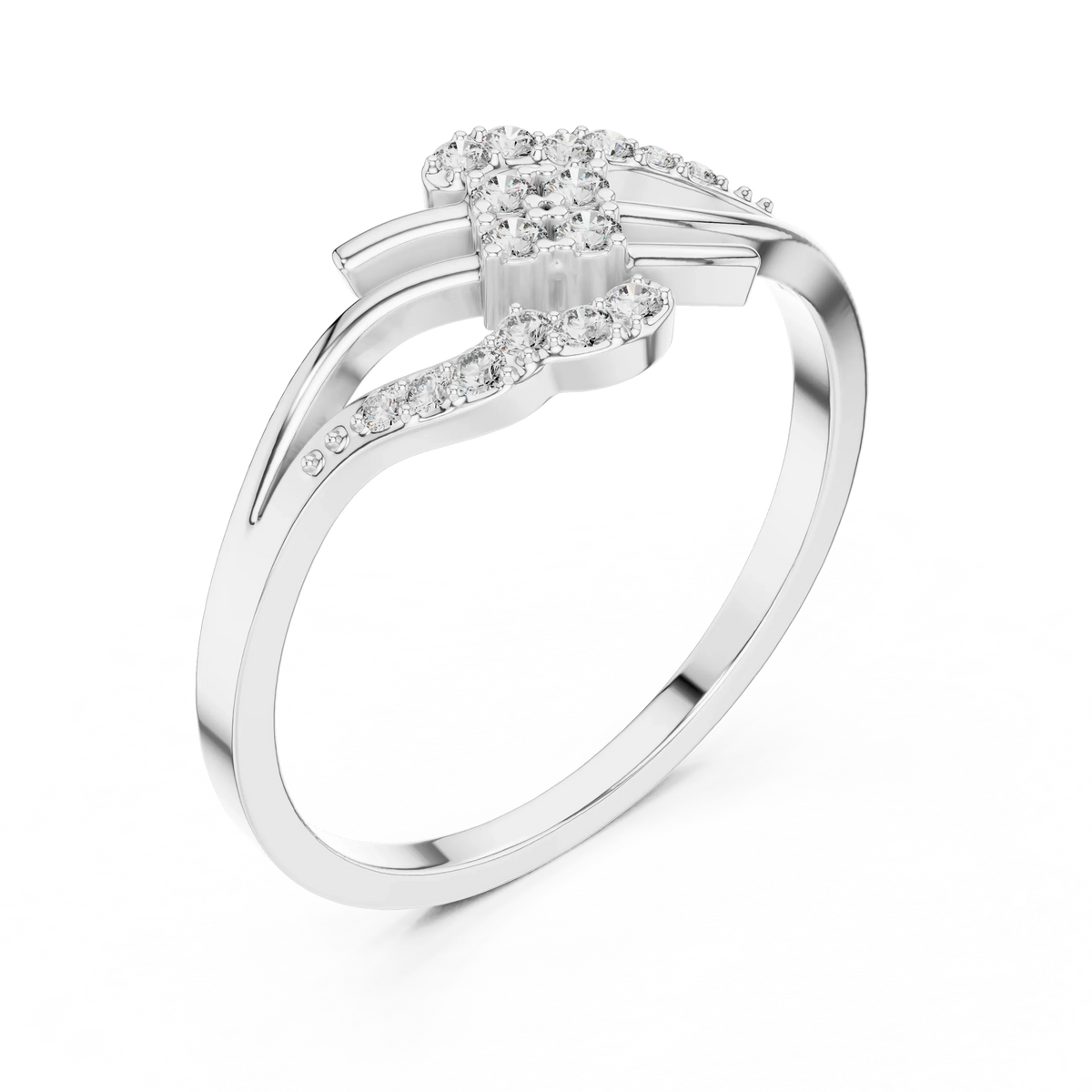 Square Cluster Pavé Wave Bypass Moissanite Ring in white 925 sterling silver, view 2