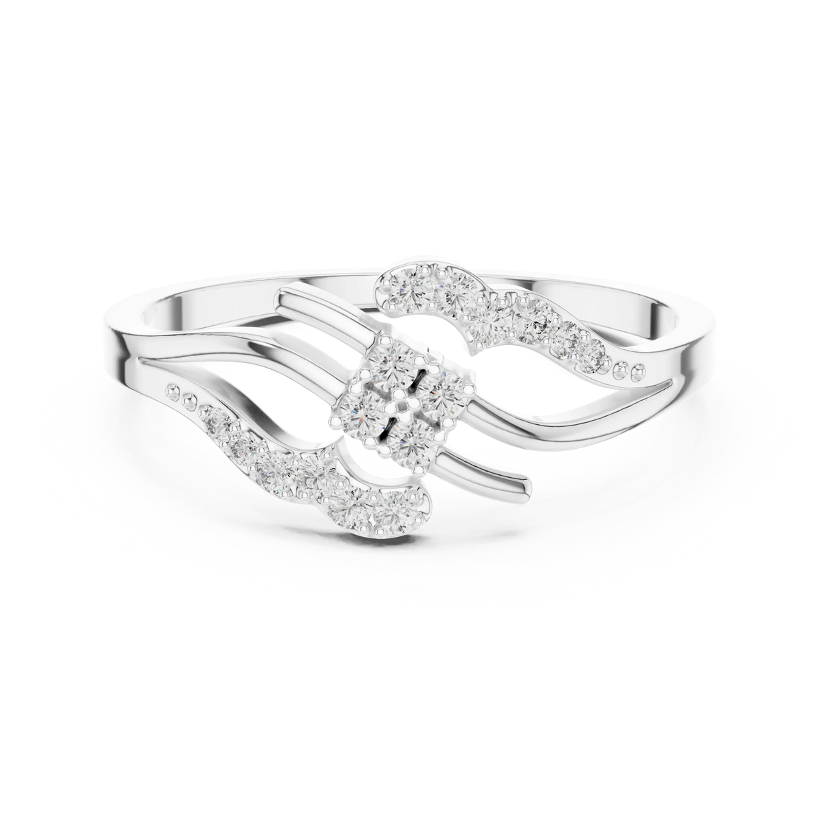 Square Cluster Pavé Wave Bypass Moissanite Ring in white 925 sterling silver, view 4