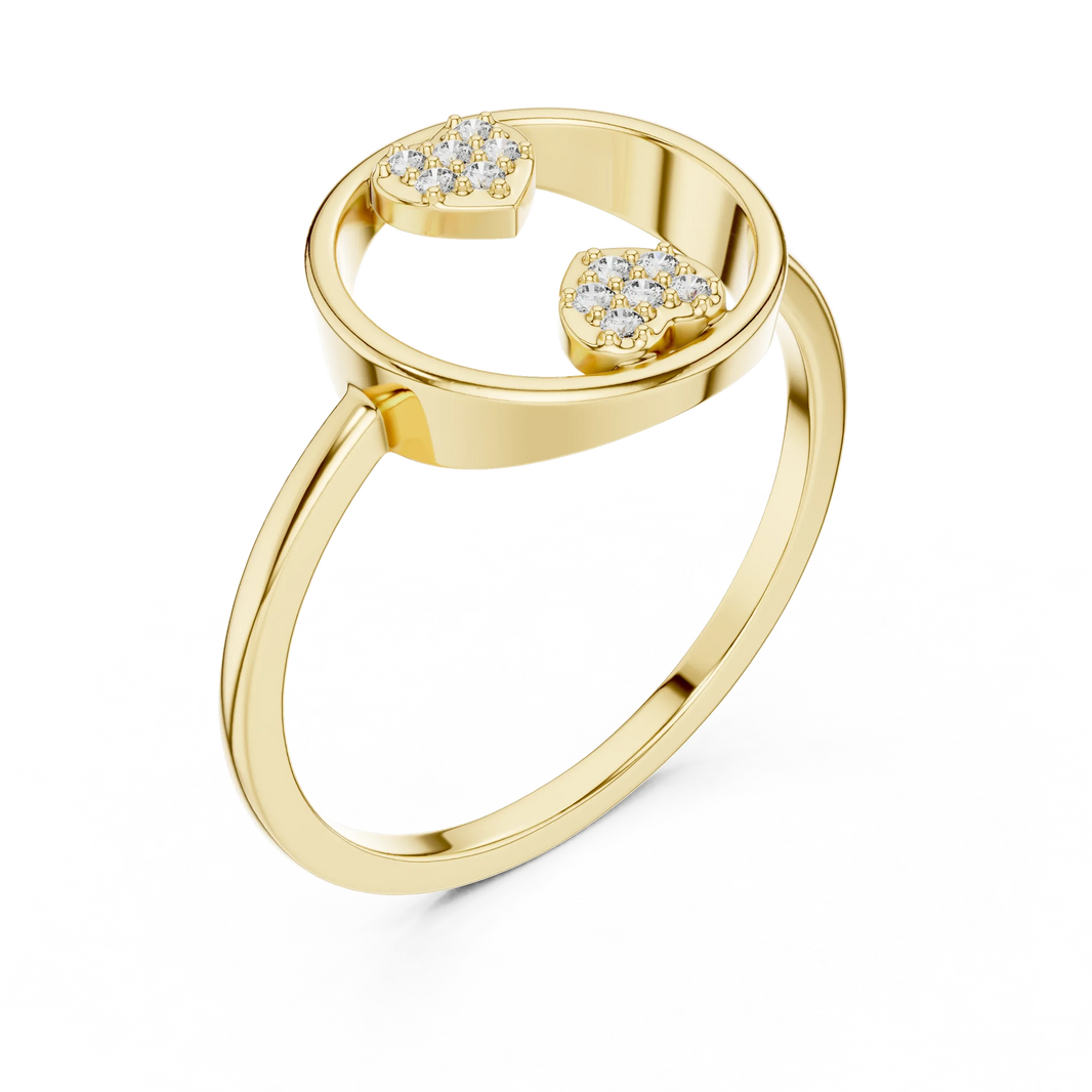 Open Circle Twin Pavé Heart Moissanite Ring in yellow 925 sterling silver, view 2