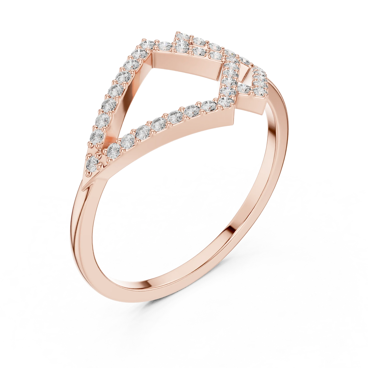 Geometric Kite Double Chevron Pavé Moissanite Ring in rose 925 sterling silver, view 2