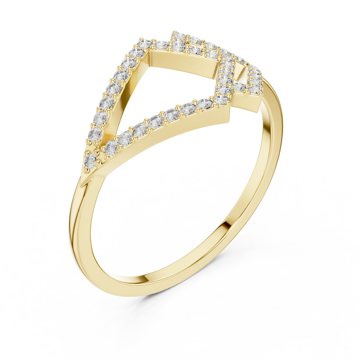 Geometric Kite Double Chevron Pavé Moissanite Ring in yellow 925 sterling silver, view 2