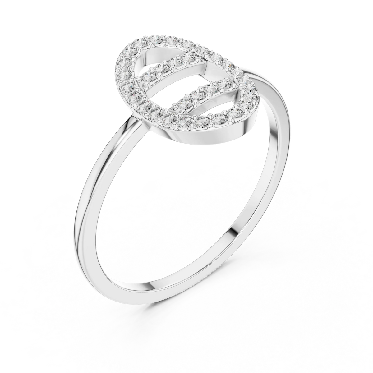 Open Oval Link Twin Bar Pavé Moissanite Ring in white 925 sterling silver, view 2
