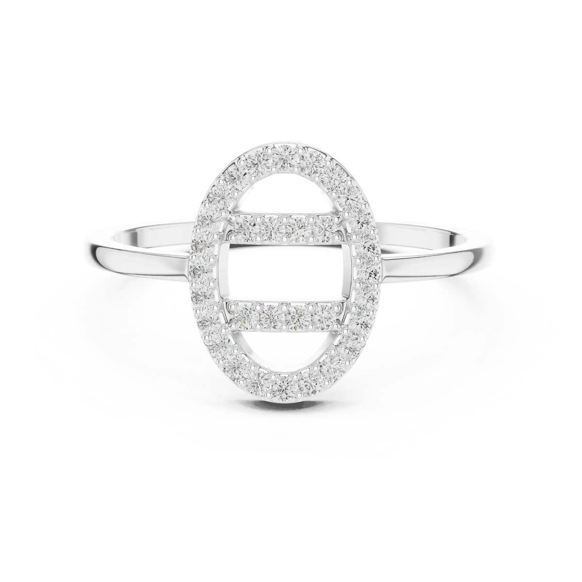 Open Oval Link Twin Bar Pavé Moissanite Ring in white 925 sterling silver, view 4