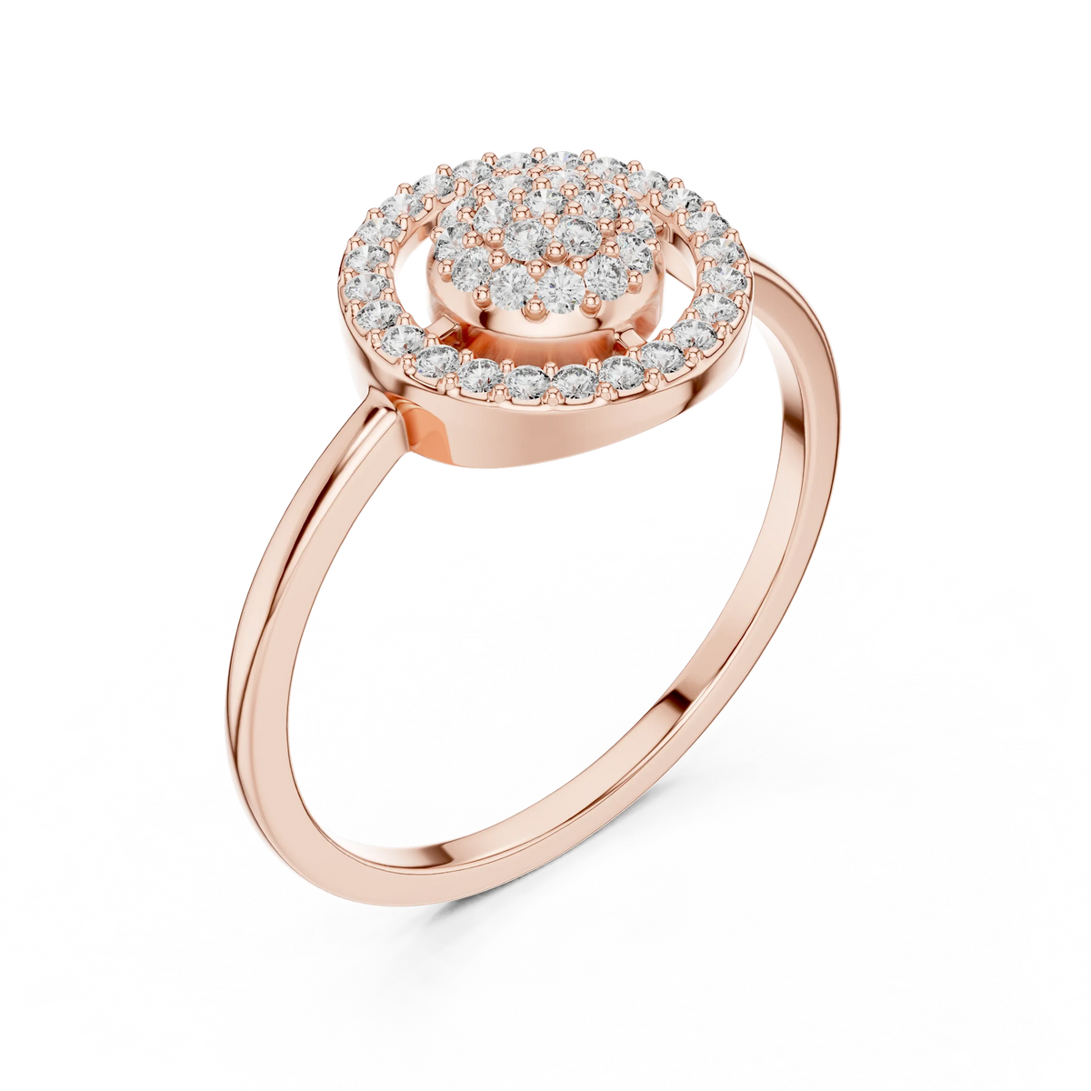 Floating Circle Halo Domed Pavé Cluster Moissanite Ring in rose 925 sterling silver, view 2