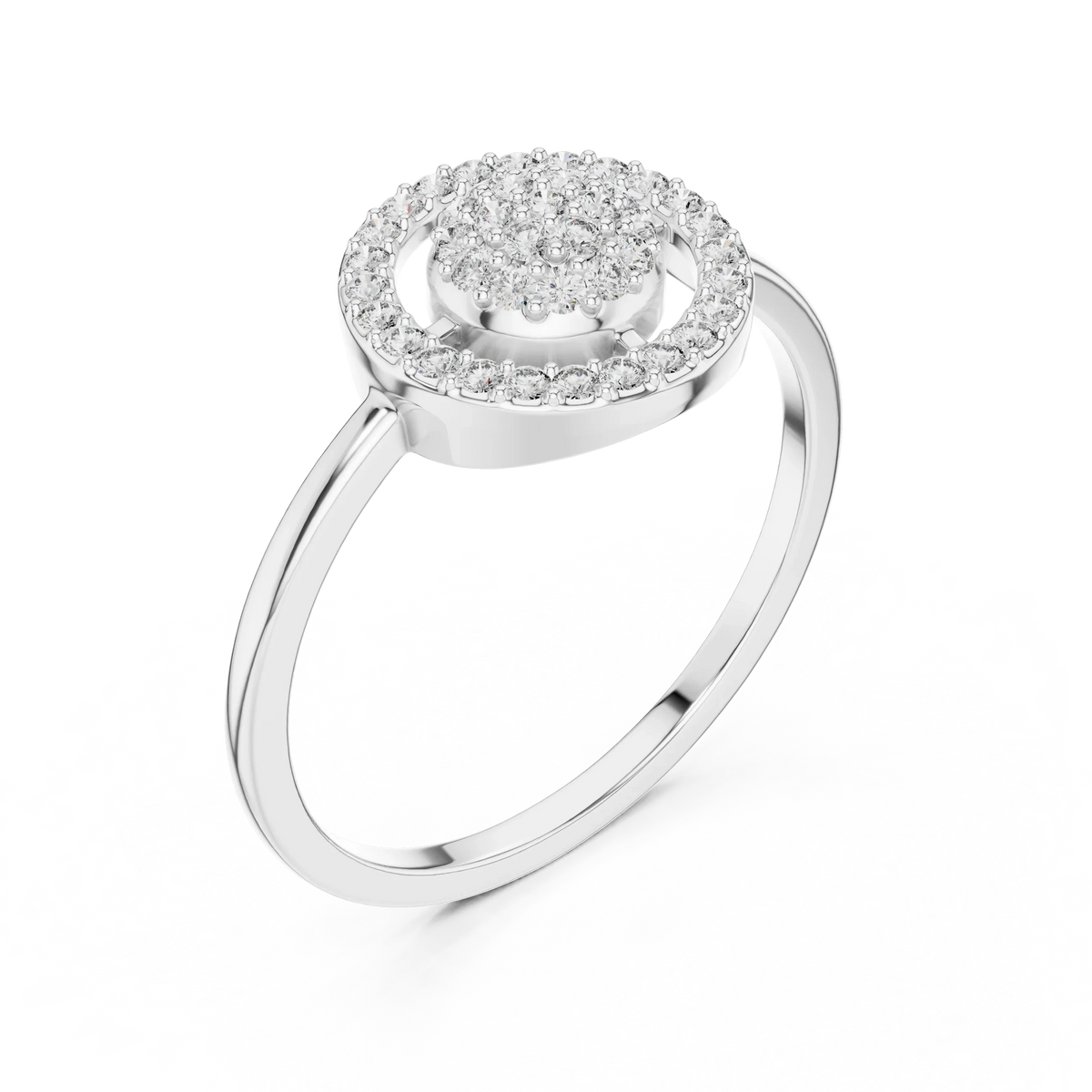 Floating Circle Halo Domed Pavé Cluster Moissanite Ring in white 925 sterling silver, view 2