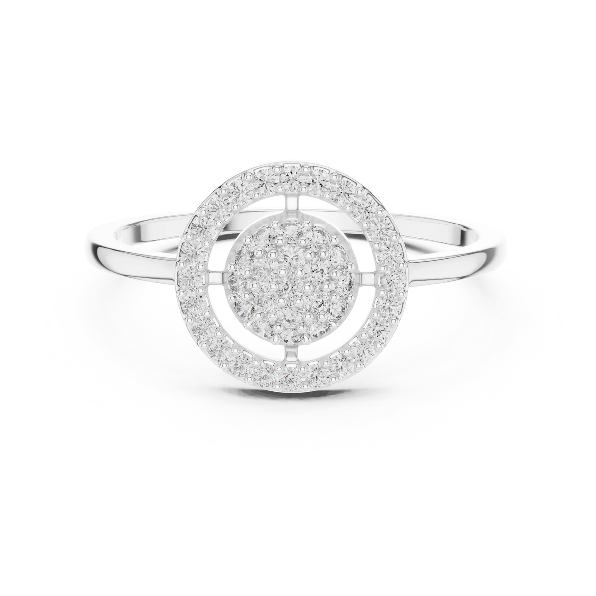 Floating Circle Halo Domed Pavé Cluster Moissanite Ring in white 925 sterling silver, view 4