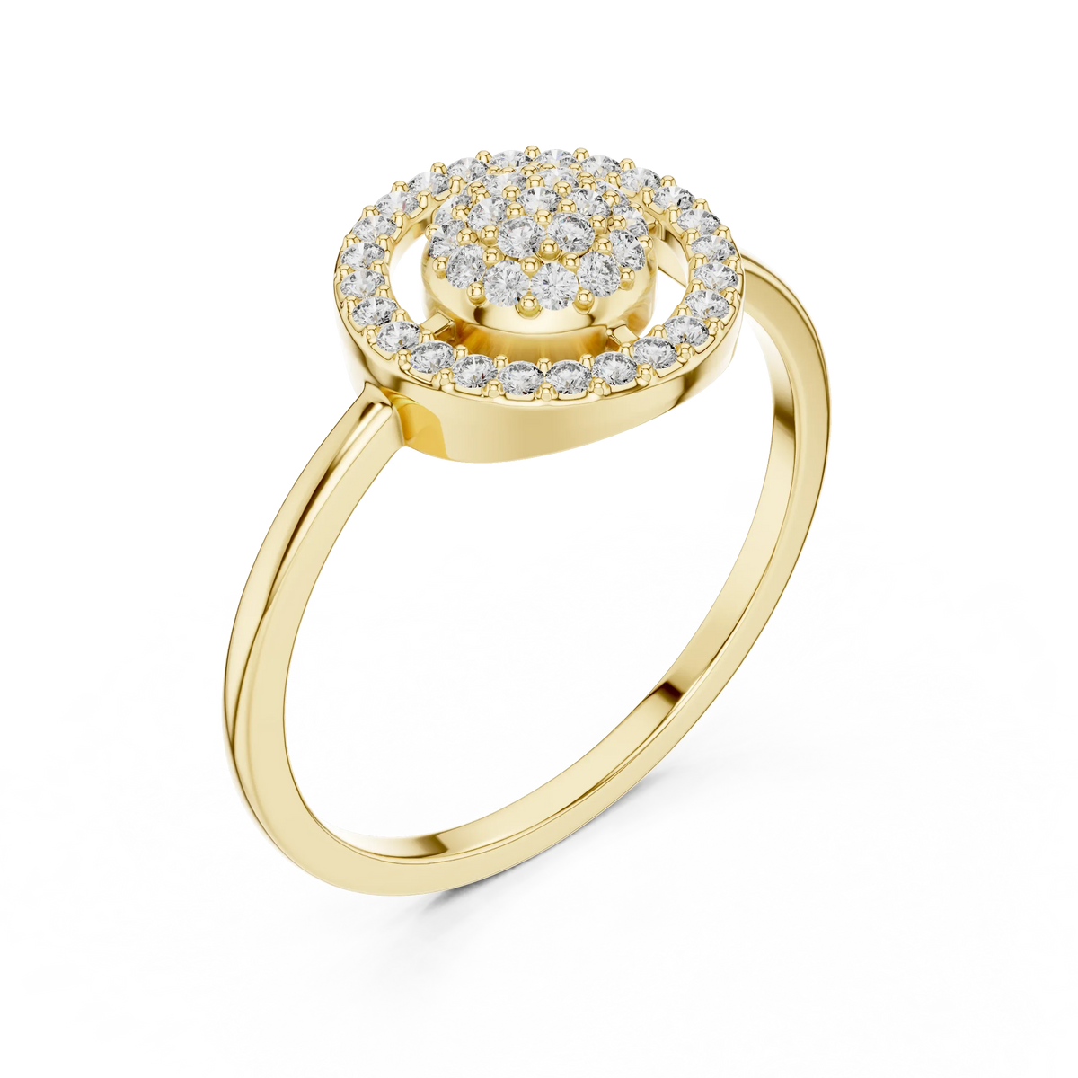 Floating Circle Halo Domed Pavé Cluster Moissanite Ring in yellow 925 sterling silver, view 2