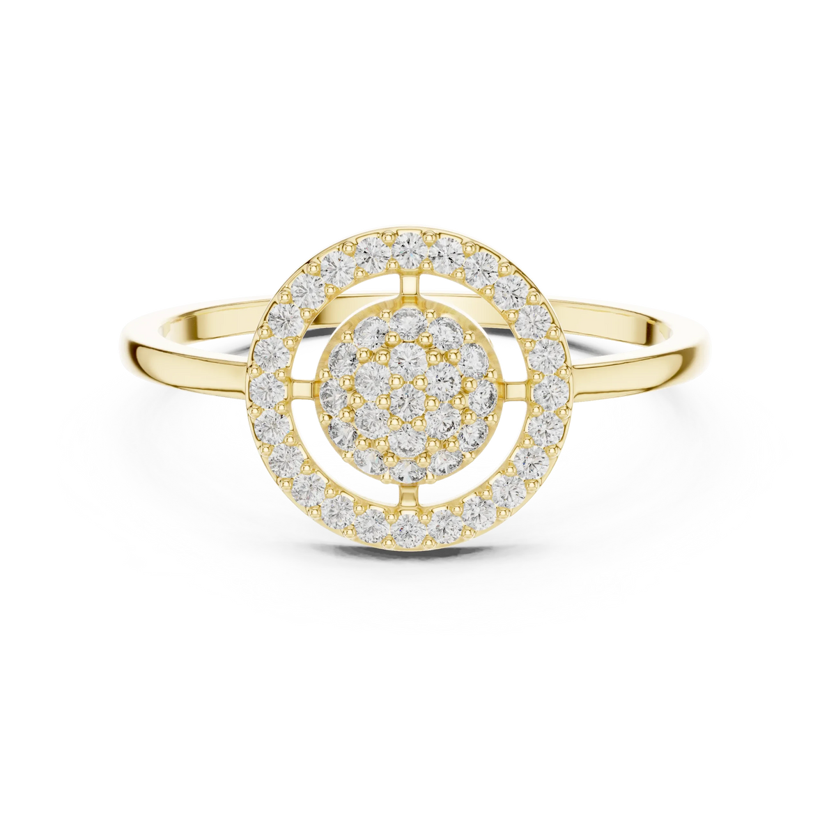 Floating Circle Halo Domed Pavé Cluster Moissanite Ring in yellow 925 sterling silver, view 4