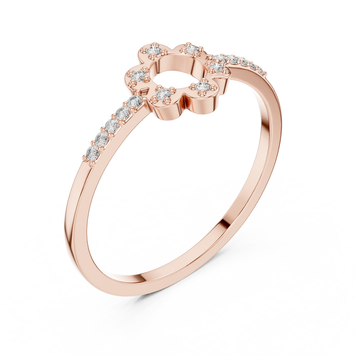 Open Six Petal Flower Pavé Shoulder Moissanite Ring in rose 925 sterling silver, view 2