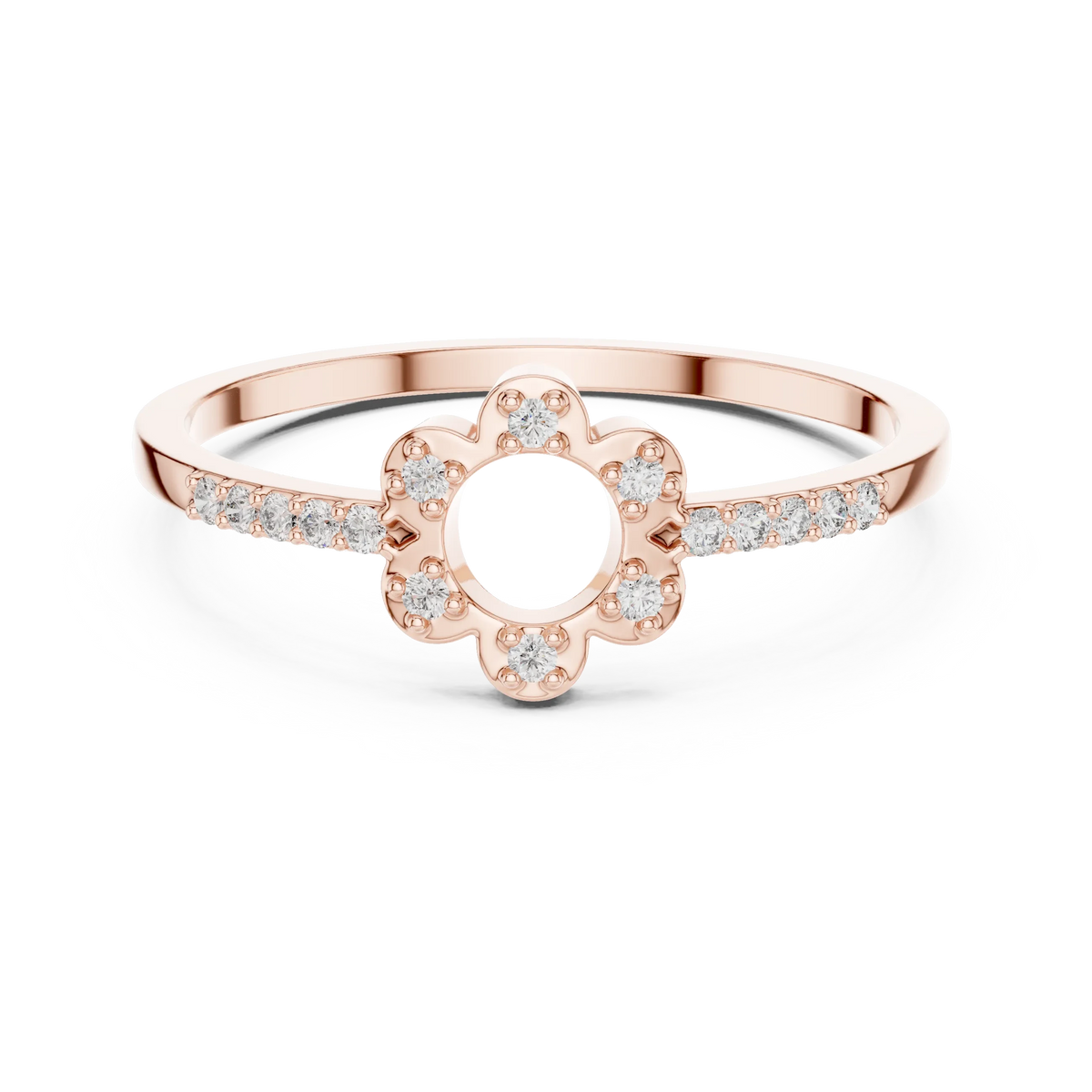 Open Six Petal Flower Pavé Shoulder Moissanite Ring in rose 925 sterling silver, view 4