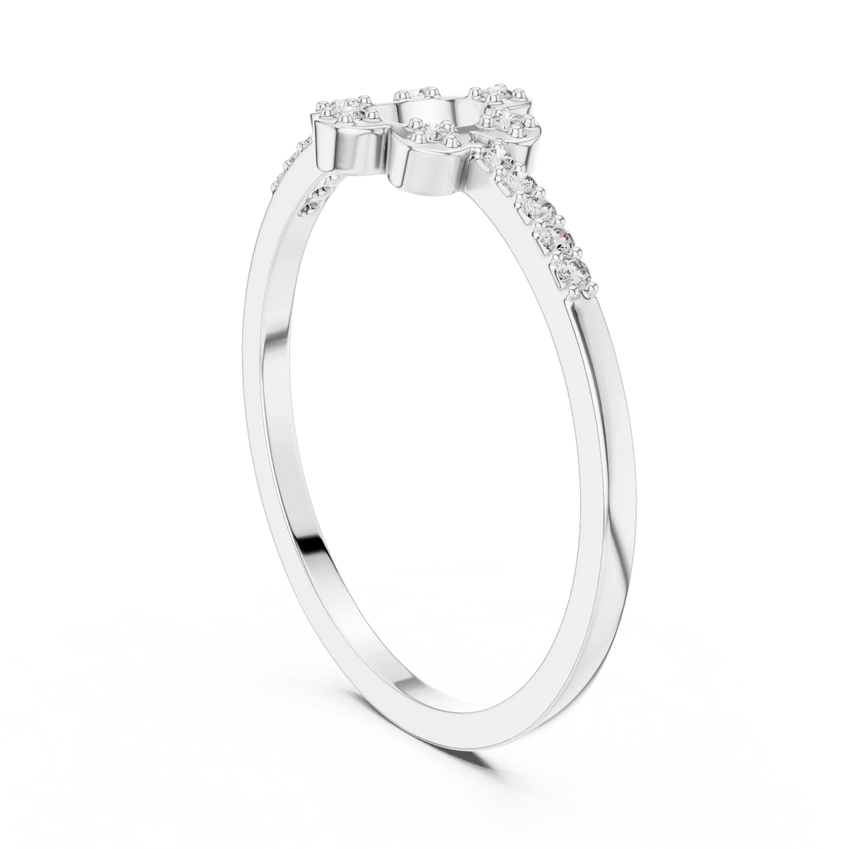 Open Six Petal Flower Pavé Shoulder Moissanite Ring in white 925 sterling silver, view 1