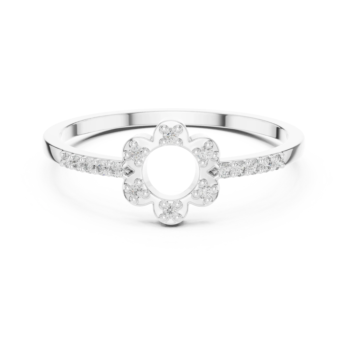 Open Six Petal Flower Pavé Shoulder Moissanite Ring in white 925 sterling silver, view 4