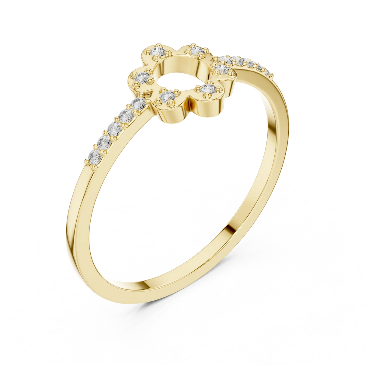 Open Six Petal Flower Pavé Shoulder Moissanite Ring in yellow 925 sterling silver, view 2