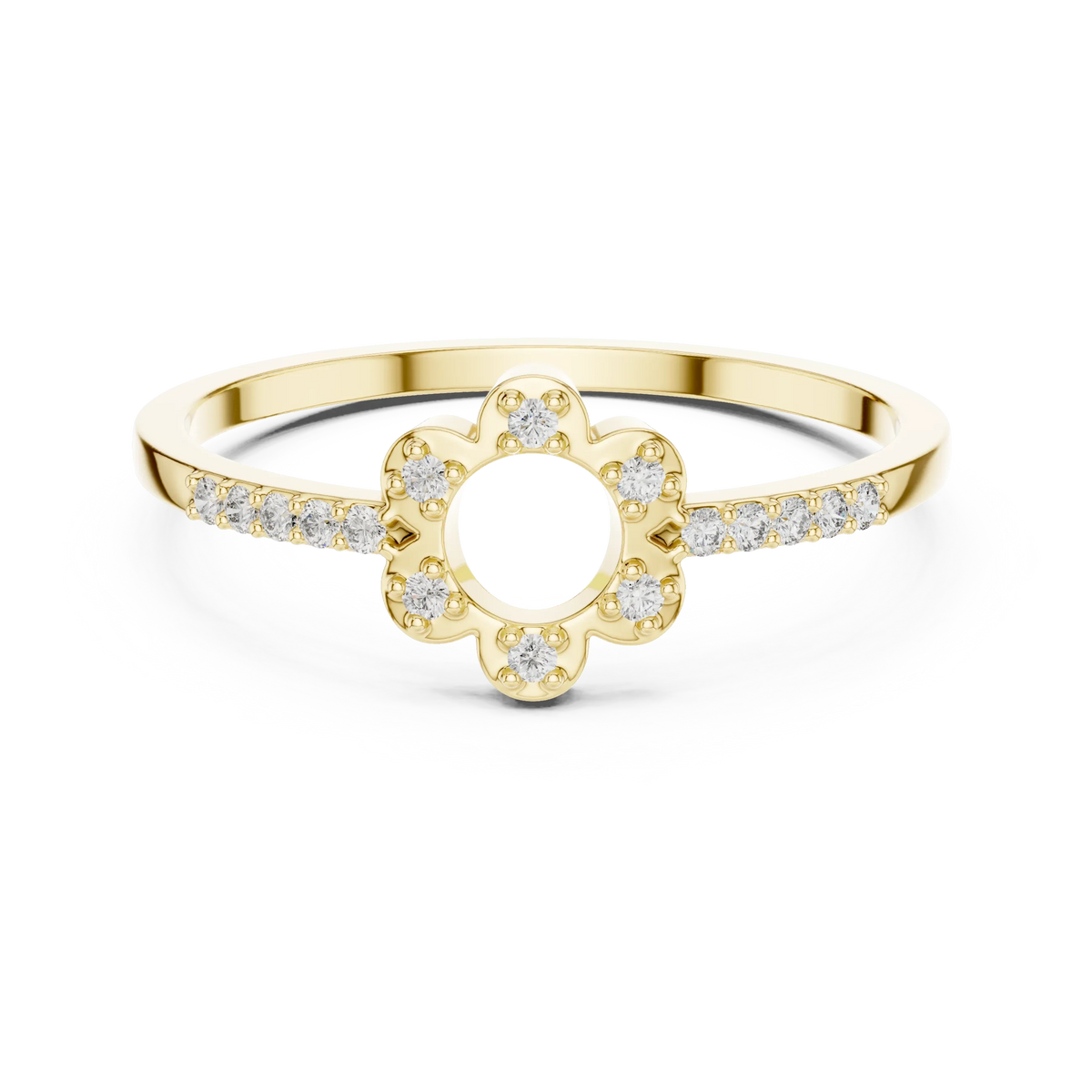 Open Six Petal Flower Pavé Shoulder Moissanite Ring in yellow 925 sterling silver, view 4