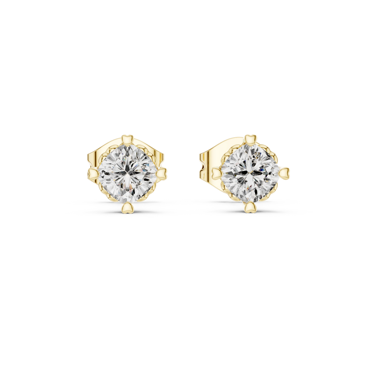 Cushion Moissanite Heart Prong Stud Earrings in yellow 925 sterling silver, view 4