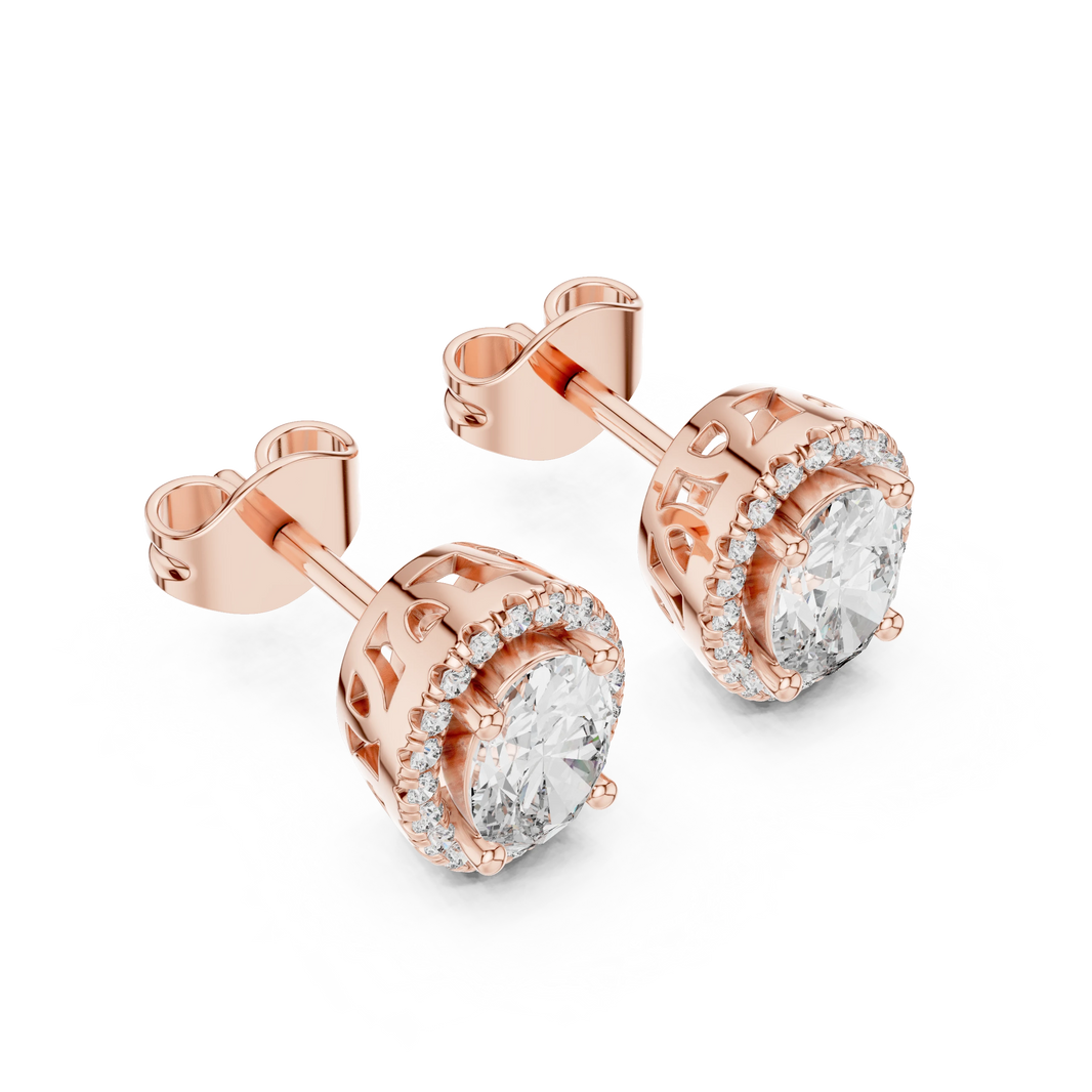 Oval Halo Moissanite Stud Earrings with Scroll Gallery in rose 925 sterling silver, view 2