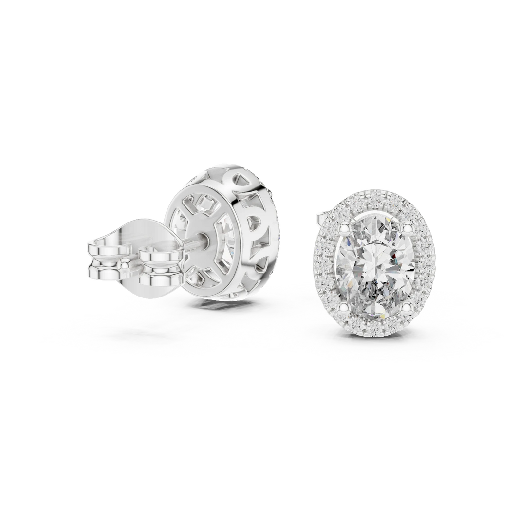 Oval Halo Moissanite Stud Earrings with Scroll Gallery in white 925 sterling silver, view 1
