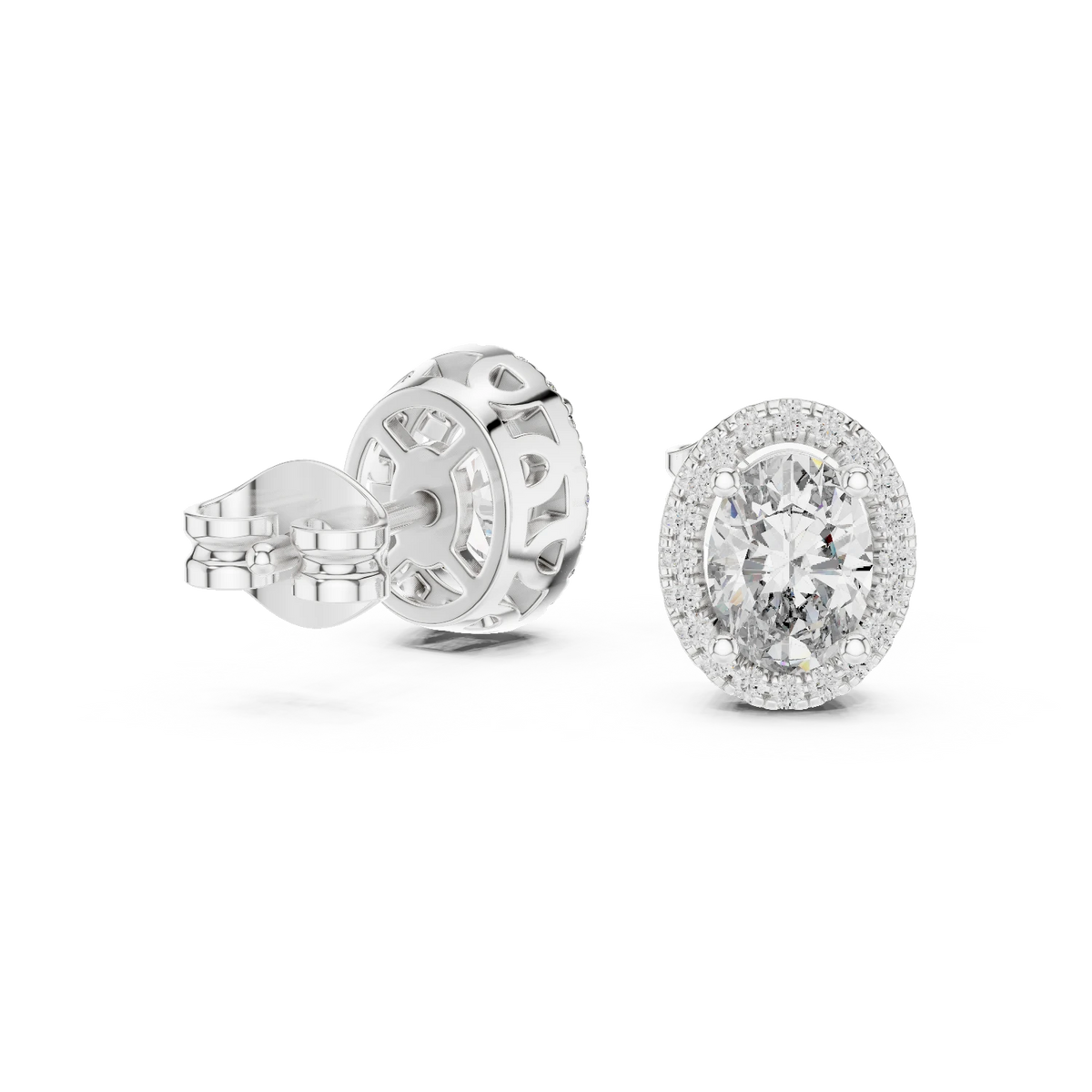 Oval Halo Moissanite Stud Earrings with Scroll Gallery in white 925 sterling silver, view 1